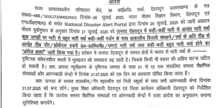 भारी बारिश के चलते देहरादून में स्कूल और आंगनबाड़ी केन्द्र  कल  रहेंगे बंद
